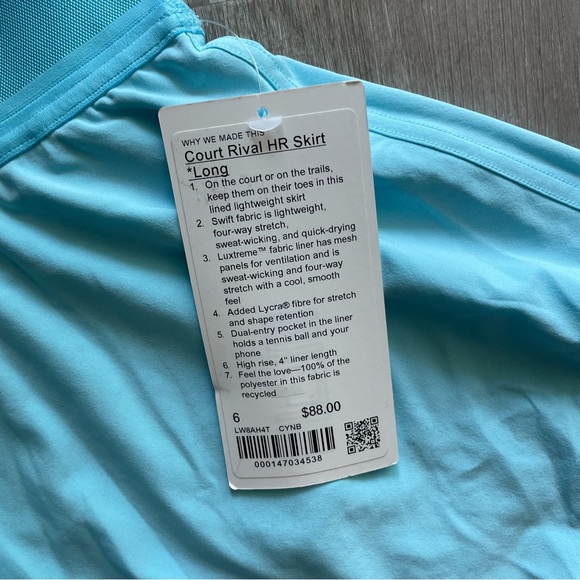LAST ONE! NWT Lululemon Court Rival High-Rise HR Skirt Long in Cyan Blue - Picture 4 of 7